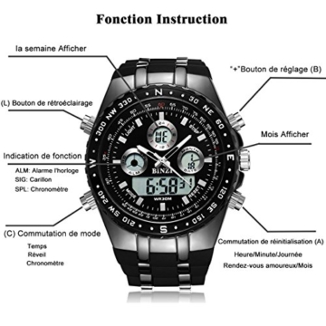 BINZI Herren uhren Wasserdichte Militär Armbanduhr Sport-Uhren Digitaluhr Luxus-LED-Licht Dual-Display mit schwarzem Silikonband - 