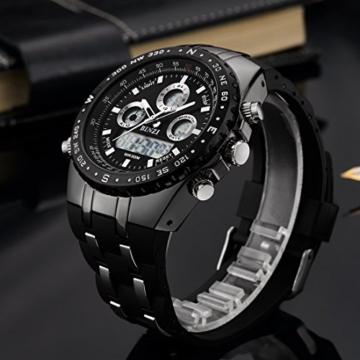BINZI Herren uhren Wasserdichte Militär Armbanduhr Sport-Uhren Digitaluhr Luxus-LED-Licht Dual-Display mit schwarzem Silikonband - 