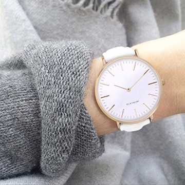 Damenuhr Trenduhr Farbe Gold + verschiedene Armbandfarben Beige Braun Lachsrose Grau Schwarz Weiß Lederarmband Herrenuhr Unisex Armbanduhr Damen Herren Quarz Uhr Günstig Quarzuhr Schmuck Modeschmuck (Weiß) - 