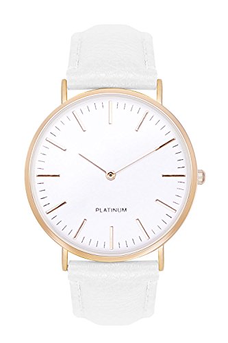 Damenuhr Trenduhr Farbe Gold + verschiedene Armbandfarben Beige Braun Lachsrose Grau Schwarz Weiß Lederarmband Herrenuhr Unisex Armbanduhr Damen Herren Quarz Uhr Günstig Quarzuhr Schmuck Modeschmuck (Weiß) -