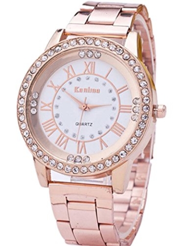 FEITONG Damenuhr Luxus Uhr Künstlich Kristallrhinestone Edelstahl Band Analoge Quarz Armbanduhr Rose Gold -