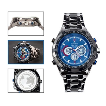 Globenfeld Super Sport - Armbanduhr mit Metallarmband - Analog-/Digital-Anzeige mit 3 Funktionen - Stoppuhr & Tachymeter - Wasserdicht bis 30 Meter – Blau - 