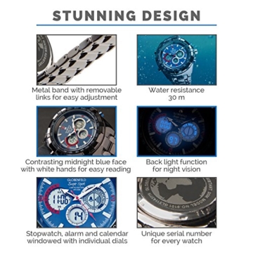 Globenfeld Super Sport - Armbanduhr mit Metallarmband - Analog-/Digital-Anzeige mit 3 Funktionen - Stoppuhr & Tachymeter - Wasserdicht bis 30 Meter – Blau - 