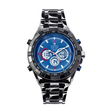 Globenfeld Super Sport - Armbanduhr mit Metallarmband - Analog-/Digital-Anzeige mit 3 Funktionen - Stoppuhr & Tachymeter - Wasserdicht bis 30 Meter – Blau -