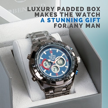 Globenfeld Super Sport - Armbanduhr mit Metallarmband - Analog-/Digital-Anzeige mit 3 Funktionen - Stoppuhr & Tachymeter - Wasserdicht bis 30 Meter – Blau - 