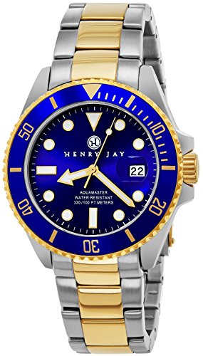 Henry Jay Mens 23K Gold Überzug Solider Edelstahl Zwei Ton "Specialty Aquamaster" Professionelle Taucheruhr mit Datum -