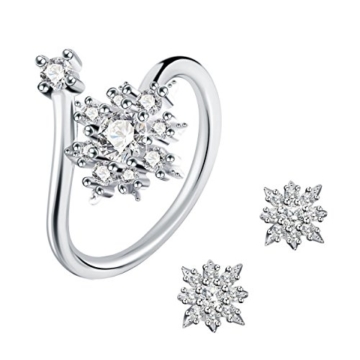 J.Rosée Ohrringe Damen Silber Ohrstecker und Ringe 925 Sterling Silber Zirkonia mit Schneeflocken "Schlichte Liebe" Schmuck Set mit Etui -