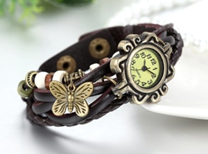 JewelryWe Damen Armbanduhr, Retro geflochten Leder Armband Armreif Armkette Uhr mit Schmetterling Anhänger, Braun Bronze - 