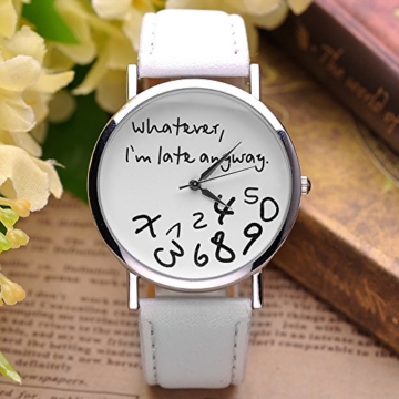 JSDDE Uhren,Vintage Damenmode ?Whatever, I'm late anyway? Graviert Illusion Damenuhr Quarzuhr Armbanduhr(Weiss) - 