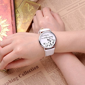 JSDDE Uhren,Vintage Damenmode ?Whatever, I'm late anyway? Graviert Illusion Damenuhr Quarzuhr Armbanduhr(Weiss) - 