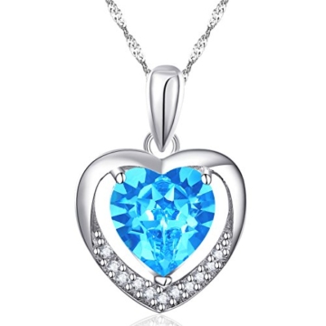 Latigerf Damen Halskette "Für immer Liebe" Herz Anhänger Rhodium Plated 925 Sterling Silber Kristall Blau -