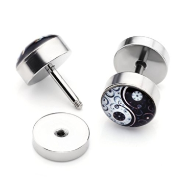 PiercingJ Ohrpiercing Set 5 Paare Edelstahl Ohrstecker Barbell Stud Ohrring Fake Cheater Illusion Tunnel Plug Schädel Blume Baum des Lebens Rote Lippe Augen Punk Unisex (Set 9) - 