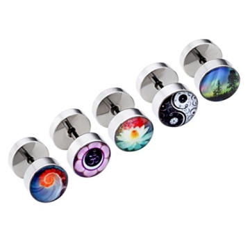 PiercingJ Ohrpiercing Set 5 Paare Edelstahl Ohrstecker Barbell Stud Ohrring Fake Cheater Illusion Tunnel Plug Schädel Blume Baum des Lebens Rote Lippe Augen Punk Unisex (Set 9) -