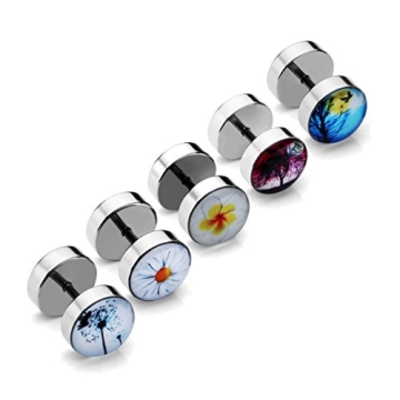 PiercingJ Ohrpiercing Set 5 Paare Edelstahl Ohrstecker Barbell Stud Ohrring Fake Cheater Illusion Tunnel Plug Schädel Blume Baum des Lebens Rote Lippe Augen Punk Unisex (Set 8 Blume) -