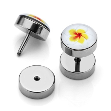 PiercingJ Ohrpiercing Set 5 Paare Edelstahl Ohrstecker Barbell Stud Ohrring Fake Cheater Illusion Tunnel Plug Schädel Blume Baum des Lebens Rote Lippe Augen Punk Unisex (Set 8 Blume) - 