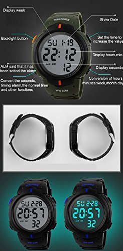 SunJas Armbanduhr Sportuhr 50 Meter Wasserdicht Uhr Digital Led Alarm Kalender Uhren Watches für Herren Männer Damen Frauen Jungen universal Multifunktions-Analog Clock - 