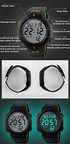 SunJas Armbanduhr Sportuhr 50 Meter Wasserdicht Uhr Digital Led Alarm Kalender Uhren Watches für Herren Männer Damen Frauen Jungen universal Multifunktions-Analog Clock - 