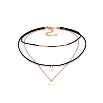 Tpocean Drei schichtig Schwarze PU-Leder Choker Halskette Gold Ketten Halskette Mit vergoldeten kreisförmigen Anhänger Mode Joker Schlüsselbein Halskette für Frauen Mädchen Damen -
