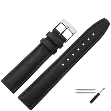 Uhrenarmband 18mm Leder schwarz mit Naht, Bombage - Lederarmband für Uhren - inkl. Federstege & Werkzeug - dezent bombiertes Uhren Ersatzband - Marburger Uhrenarmbänder seit 1945 - schwarz / silber -